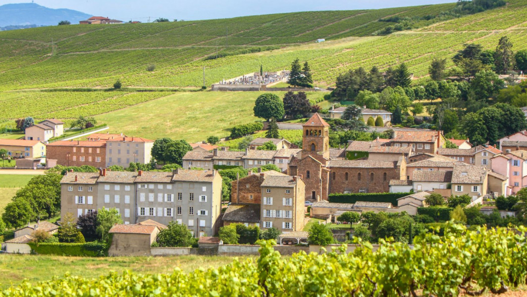 Vue sur le village de Salles-Arbuissonnas depuis les vignes du Beaujolais